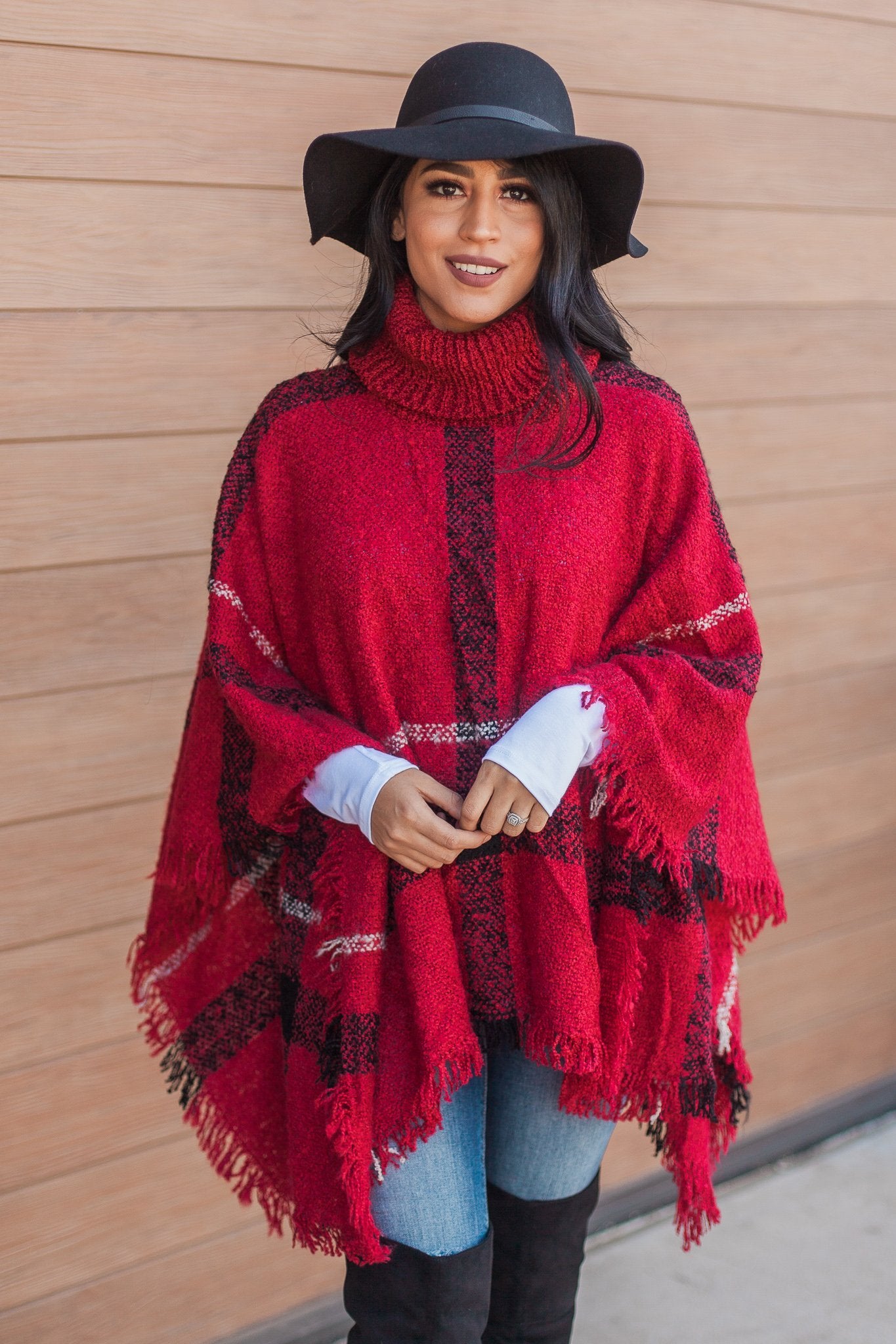 "Classic As Always" Plaid Poncho (Red)