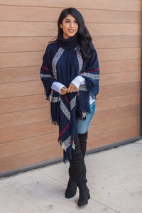 "Classic As Always" Plaid Poncho (Navy)