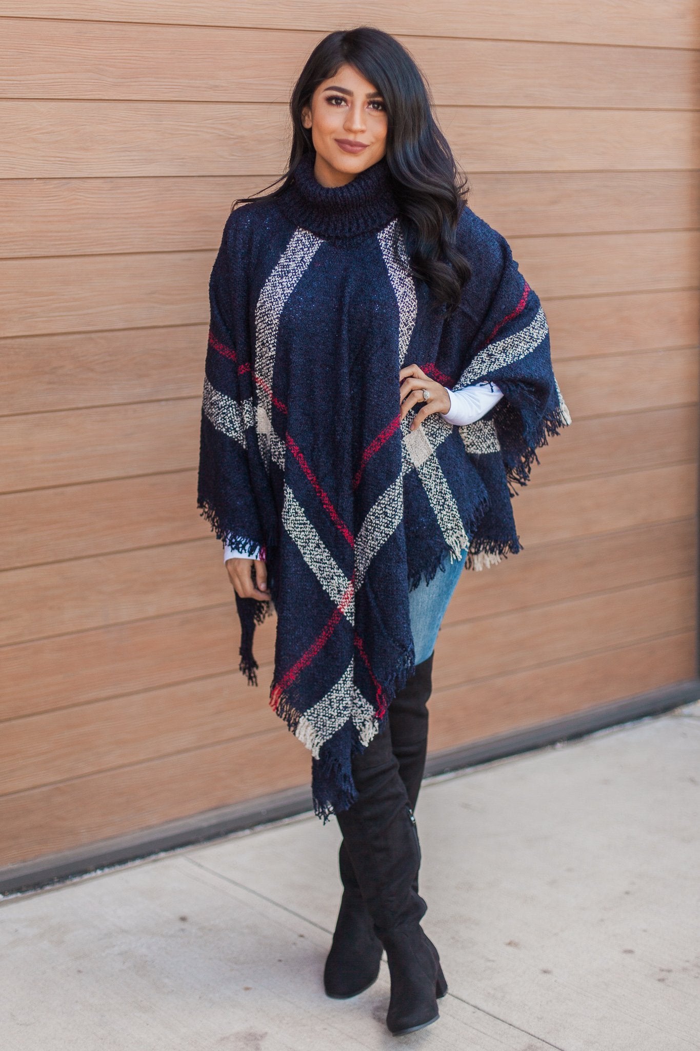"Classic As Always" Plaid Poncho (Navy)