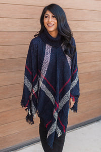 "Classic As Always" Plaid Poncho (Navy)