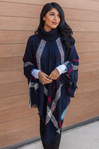 "Classic As Always" Plaid Poncho (Navy)