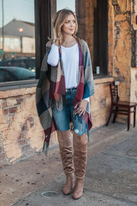 "Fall In Check" Tassel Poncho