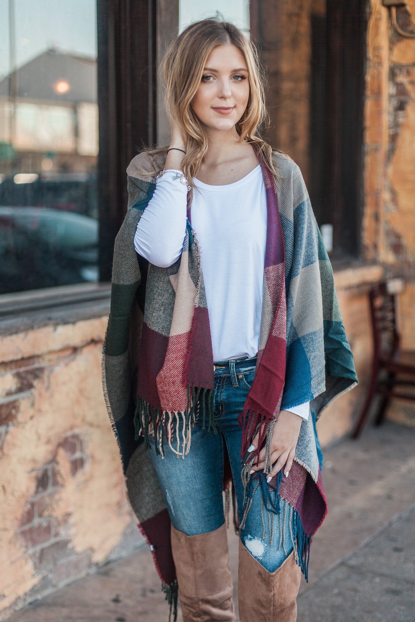 "Fall In Check" Tassel Poncho