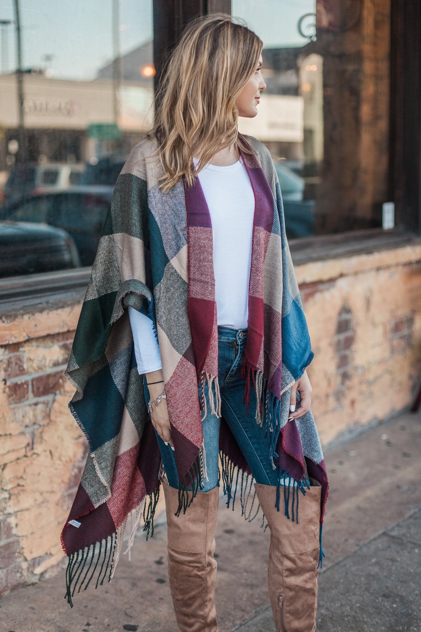 "Fall In Check" Tassel Poncho