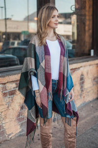 "Fall In Check" Tassel Poncho