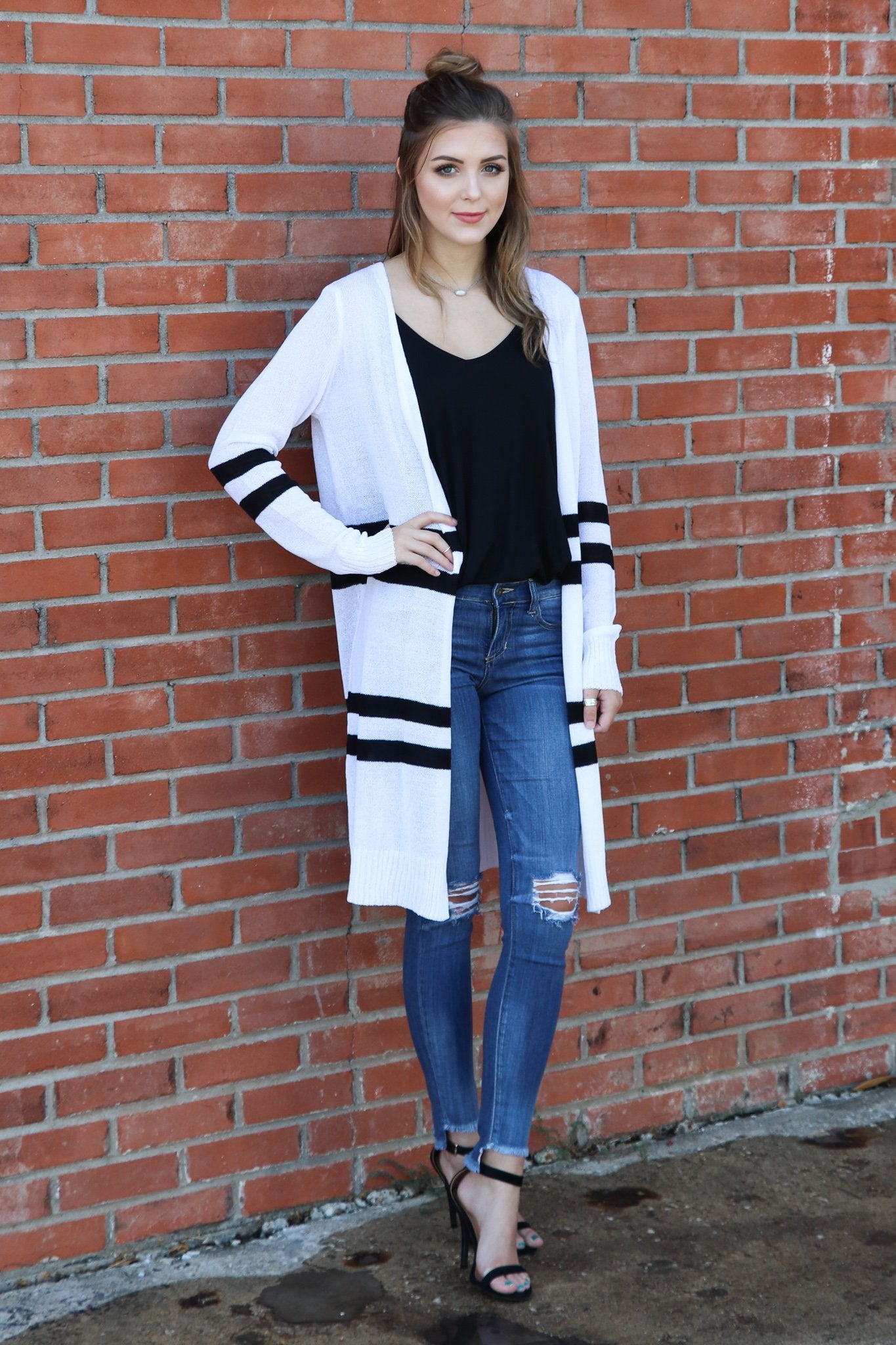 "Can't Say No" Striped Cardigan (White)