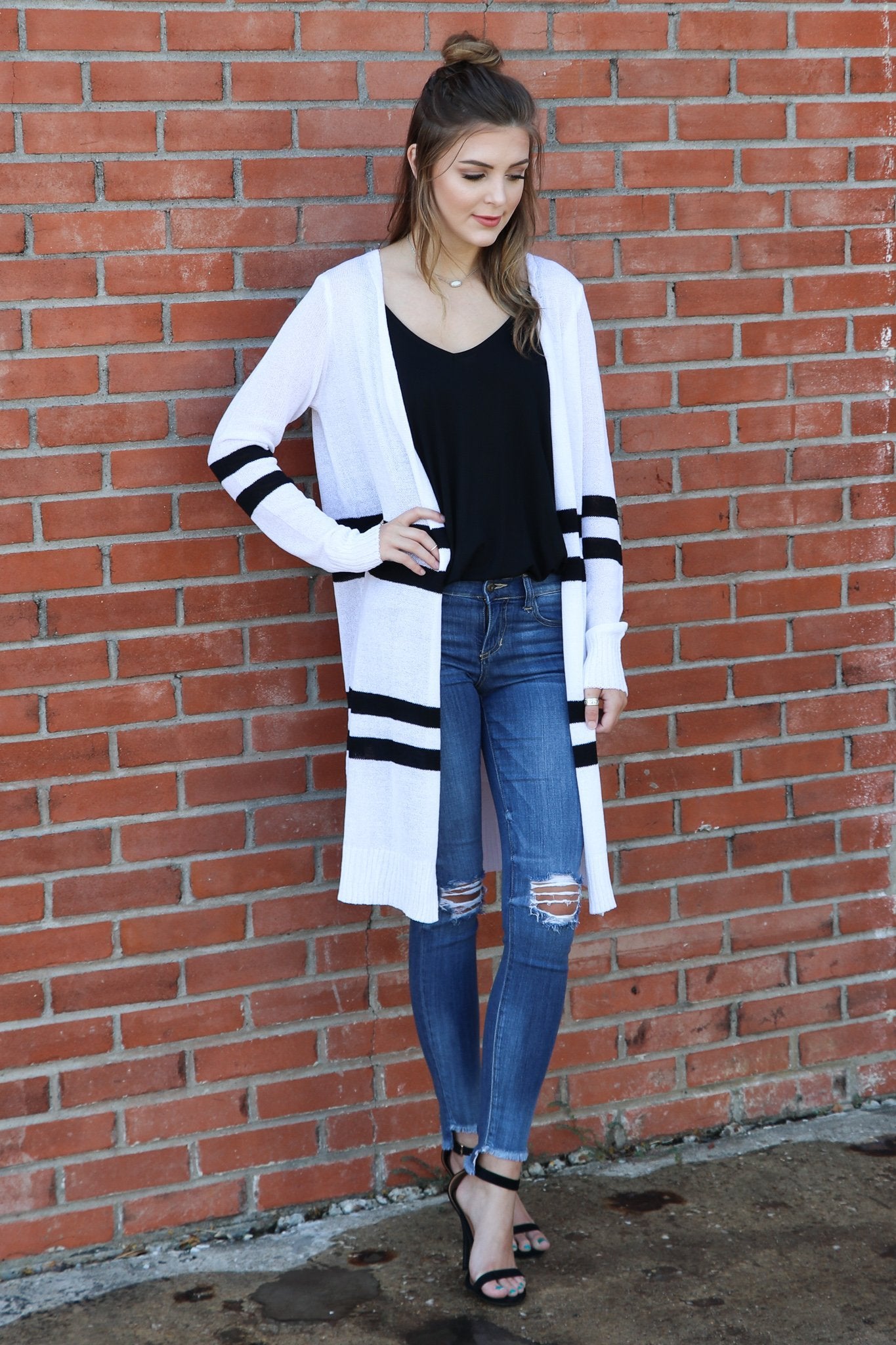 "Can't Say No" Striped Cardigan (White)
