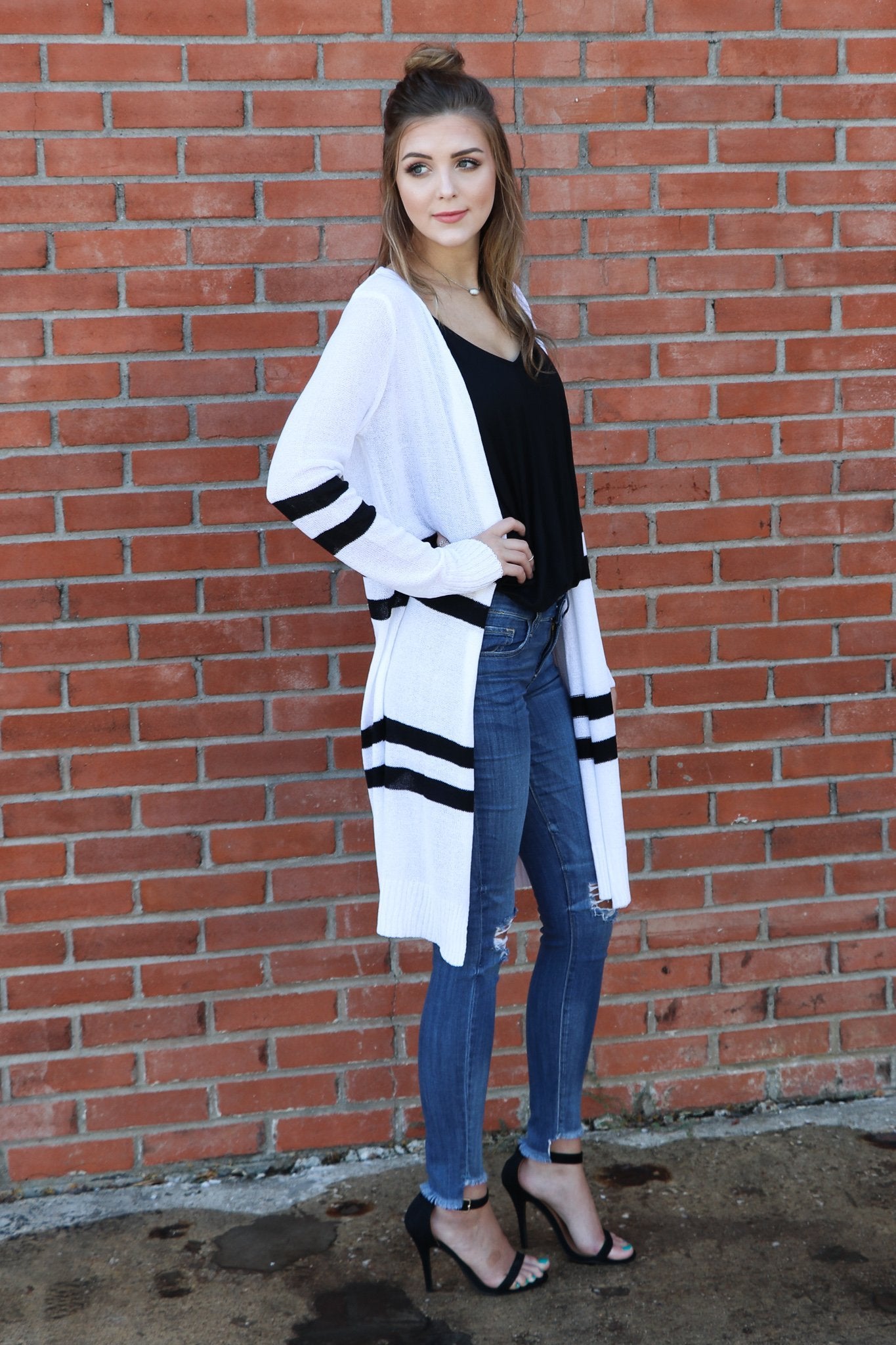 "Can't Say No" Striped Cardigan (White)