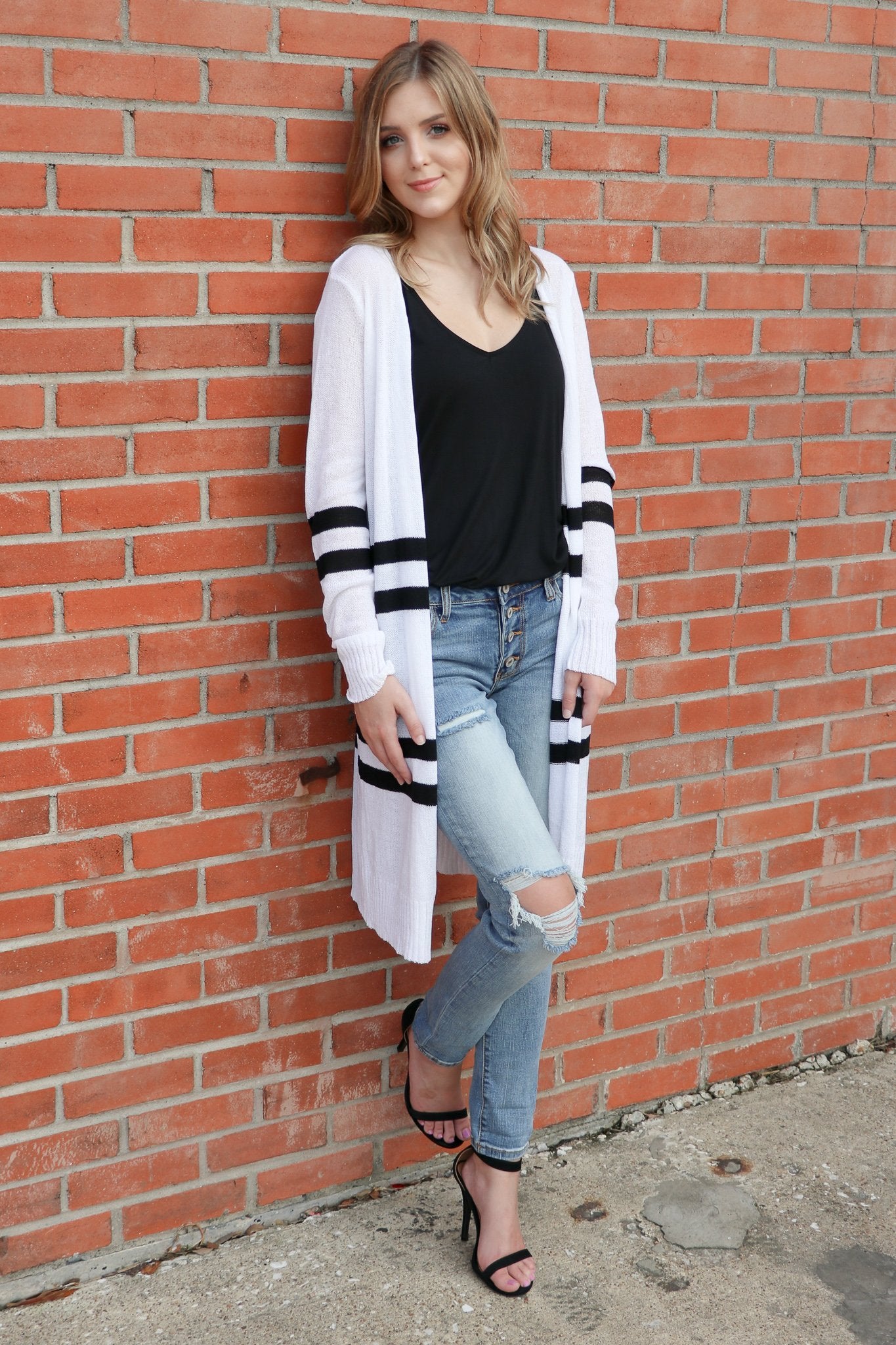 "Can't Say No" Striped Cardigan (White)